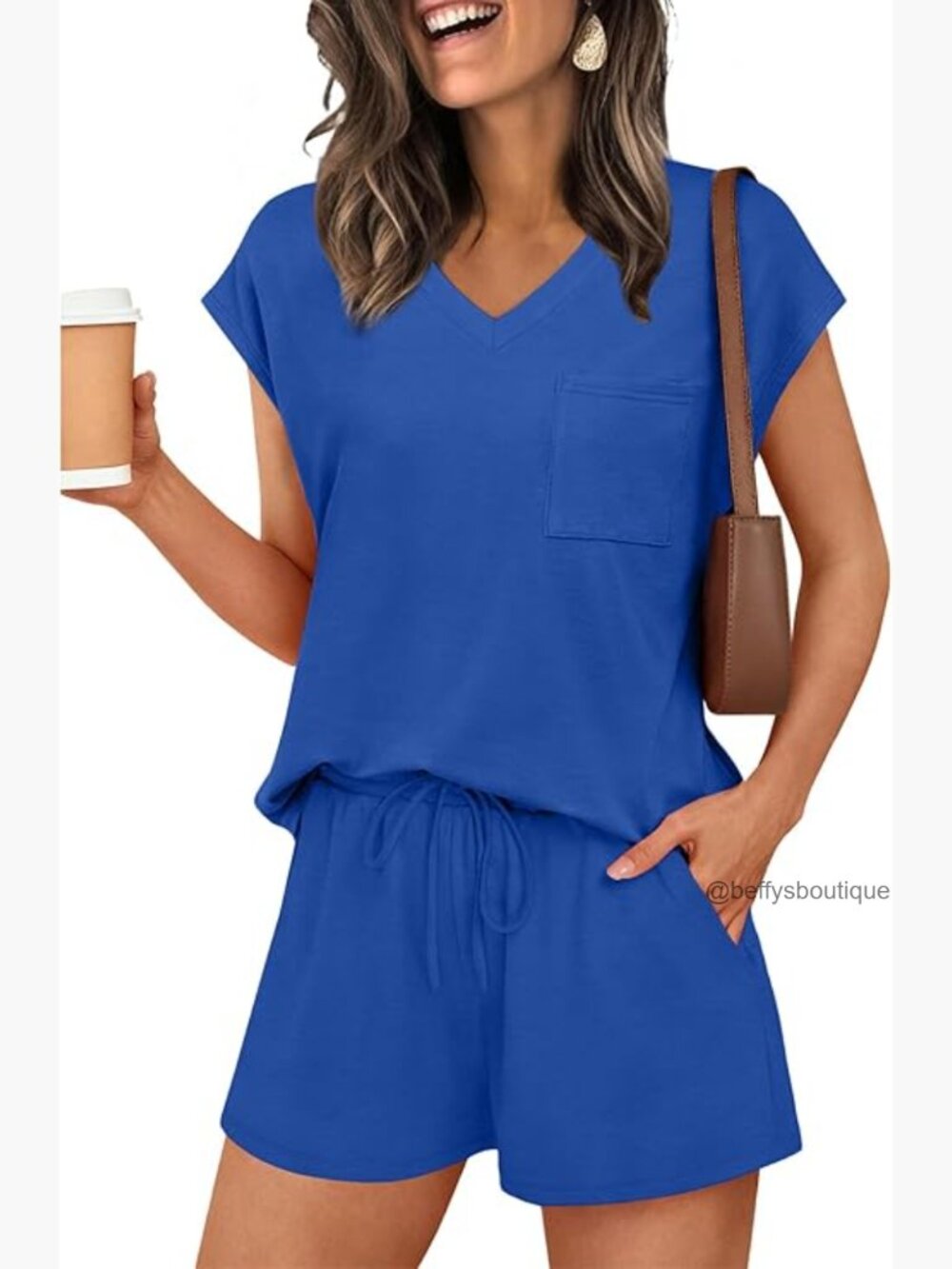 V-Neck Cap Sleeve Pajama Set with Pockets, Loose Fit Lounge Wear